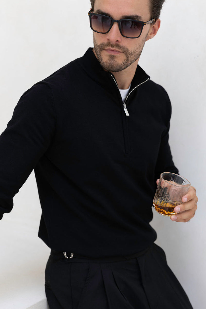 Luxury Cotton 1/4 Zip Neck Jumper - Black