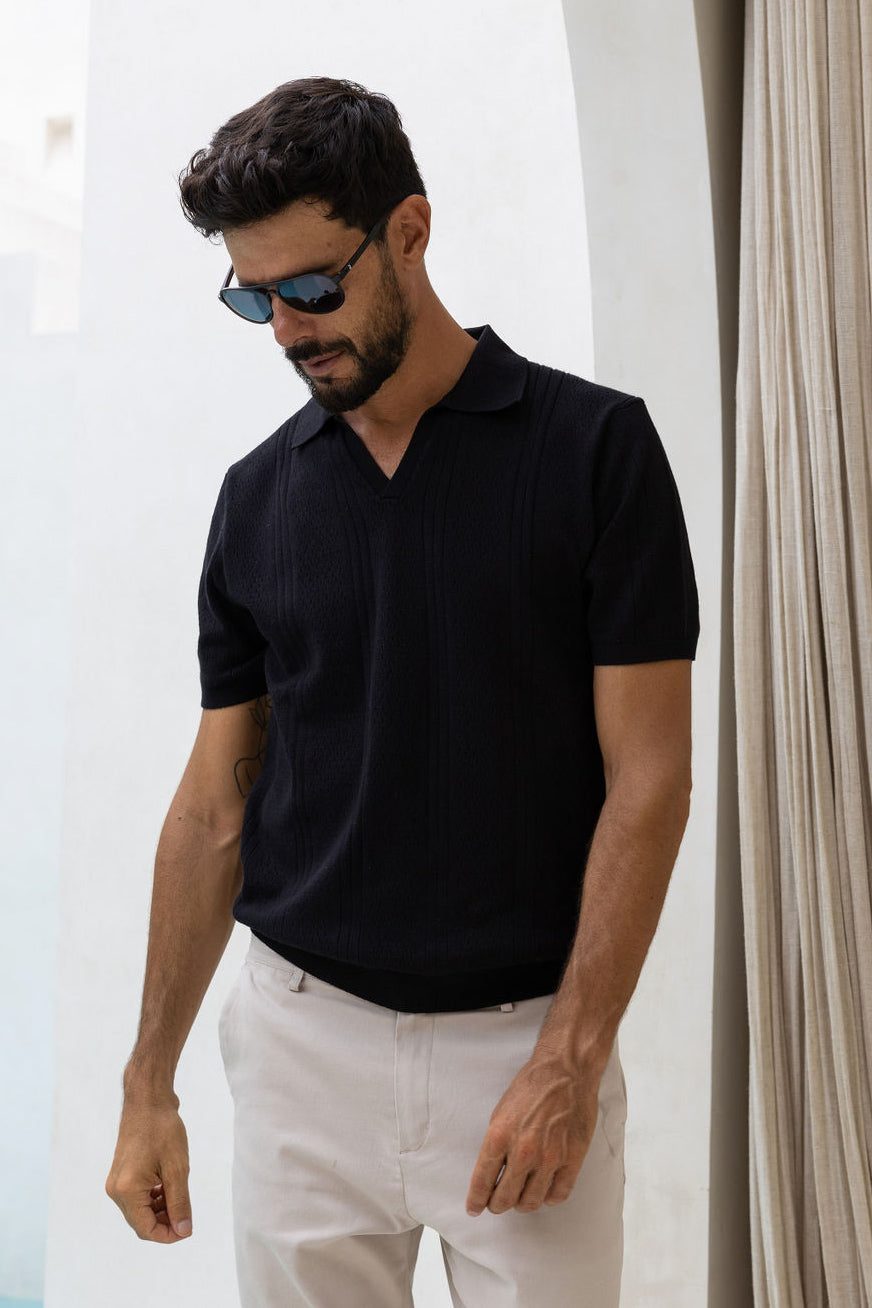 Huxley Open Collar Polo - Black