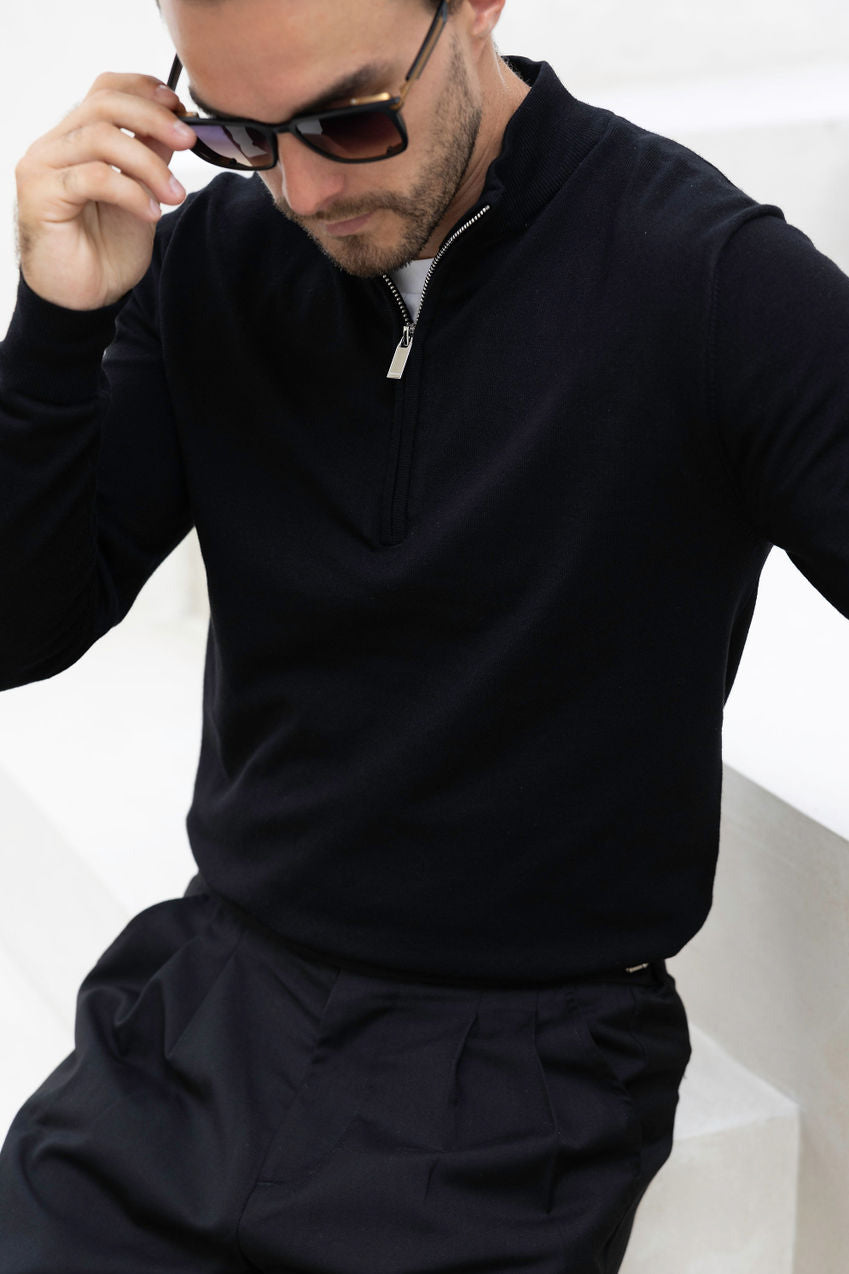 Luxury Cotton 1/4 Zip Neck Jumper - Black