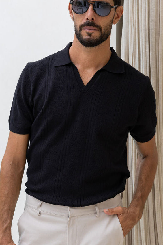 Huxley Open Collar Polo - Black