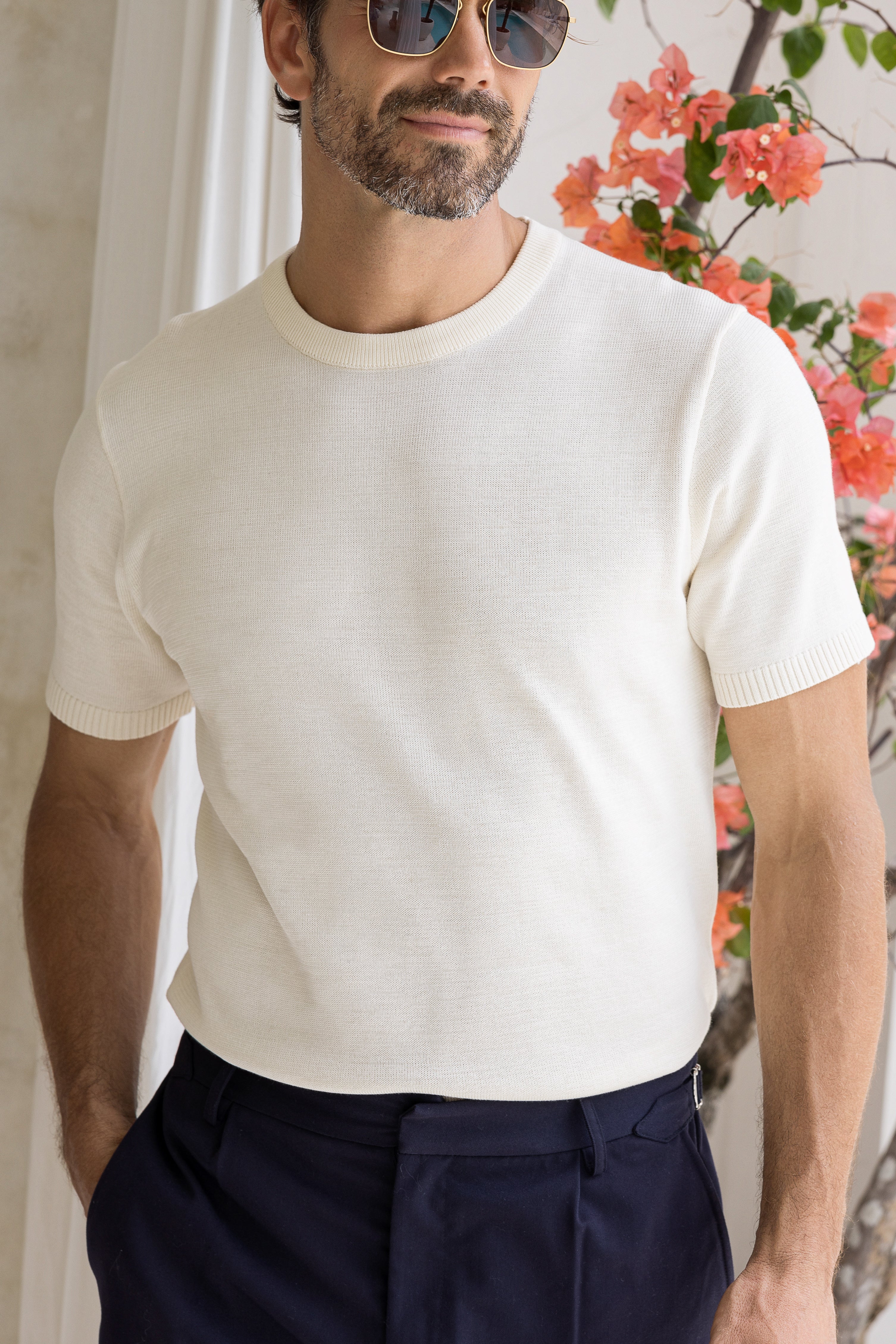 Huntington Crew Neck Knitted T-Shirt - Ecru