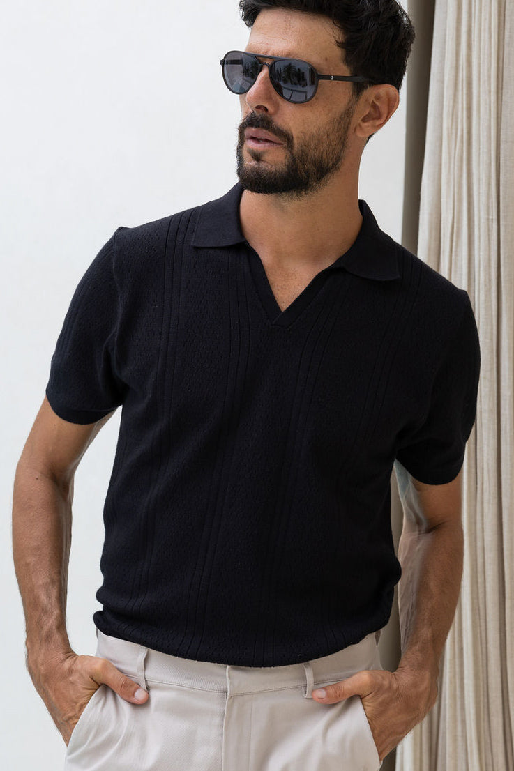 Huxley Open Collar Polo - Black